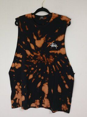 Stussy Black & Orange Tie-Dye Tank Top Sleeveless T-Shirt Size XL pullover Mens